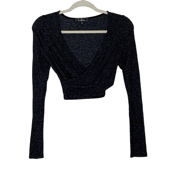 Lulus marled grey cropped top with surplice neckline and gathered side. Size S - Picture 2 of 6
